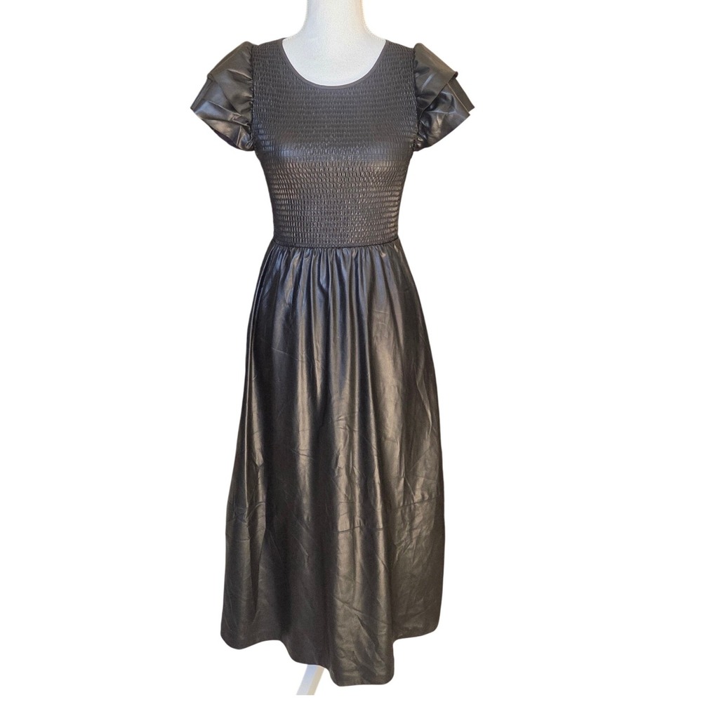 Faux Leather Gothic Chic Smocked Midi Dress Futuristic Black Ruffle Sleeve XS